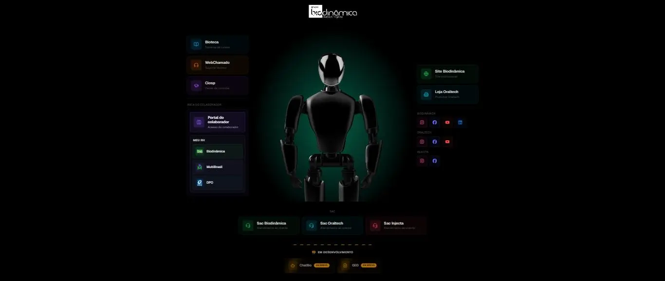 Hub de acesso do Grupo Biodinâmica, com modelo 3D interativo
