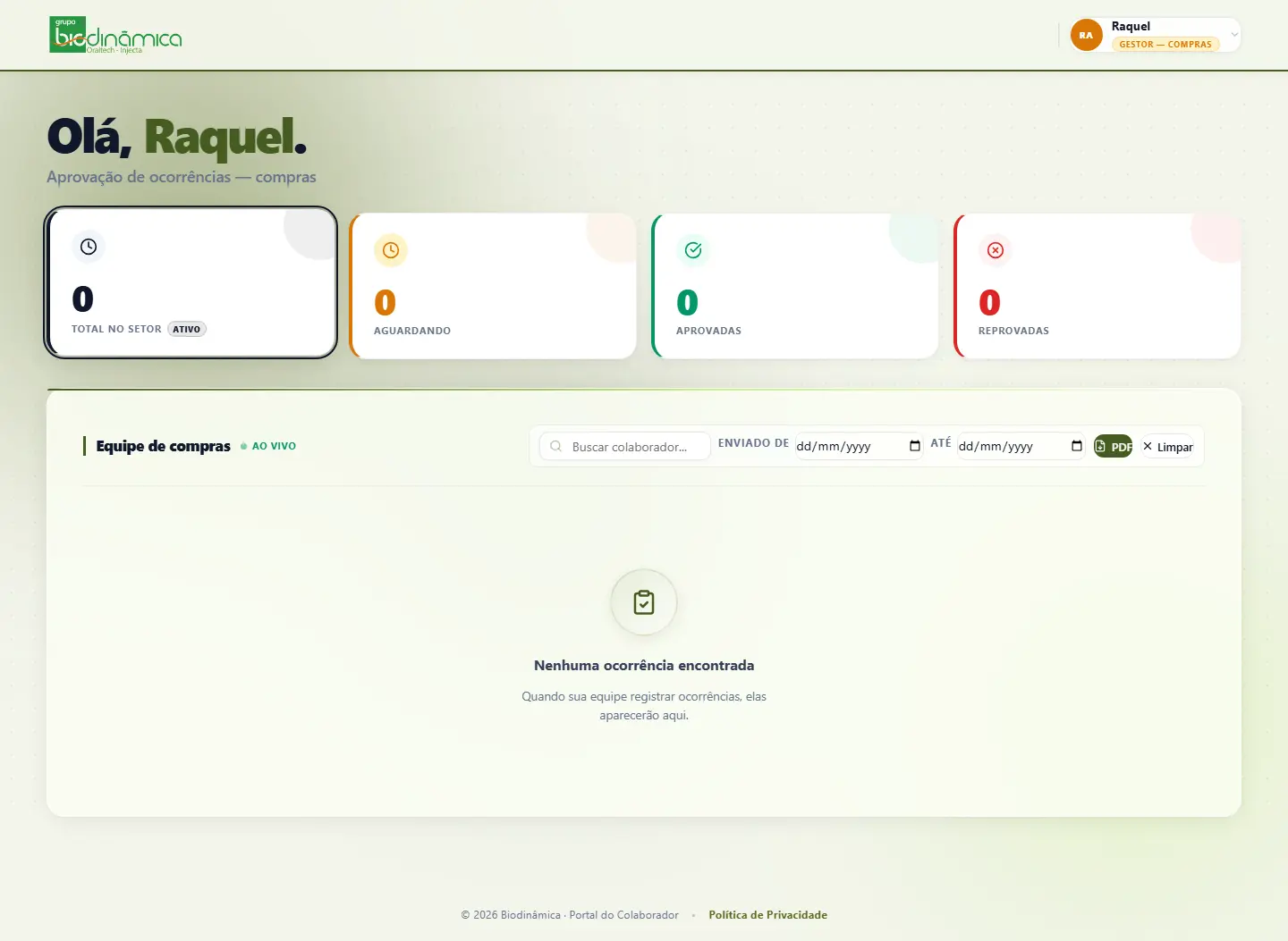 Dashboard do gestor no Portal do Colaborador, Grupo Biodinâmica