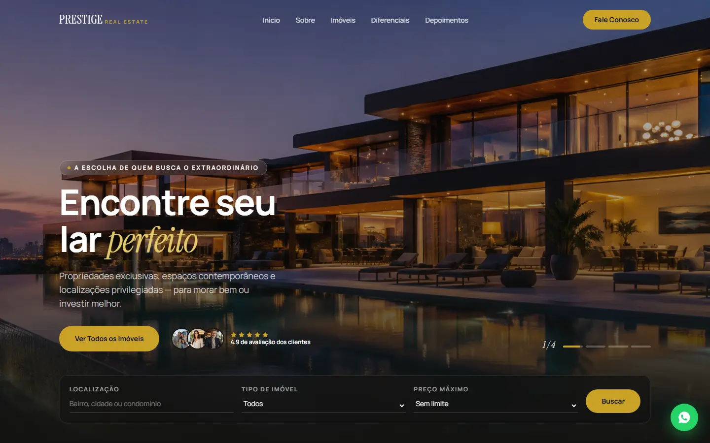 Página inicial do site Prestige Real Estate
