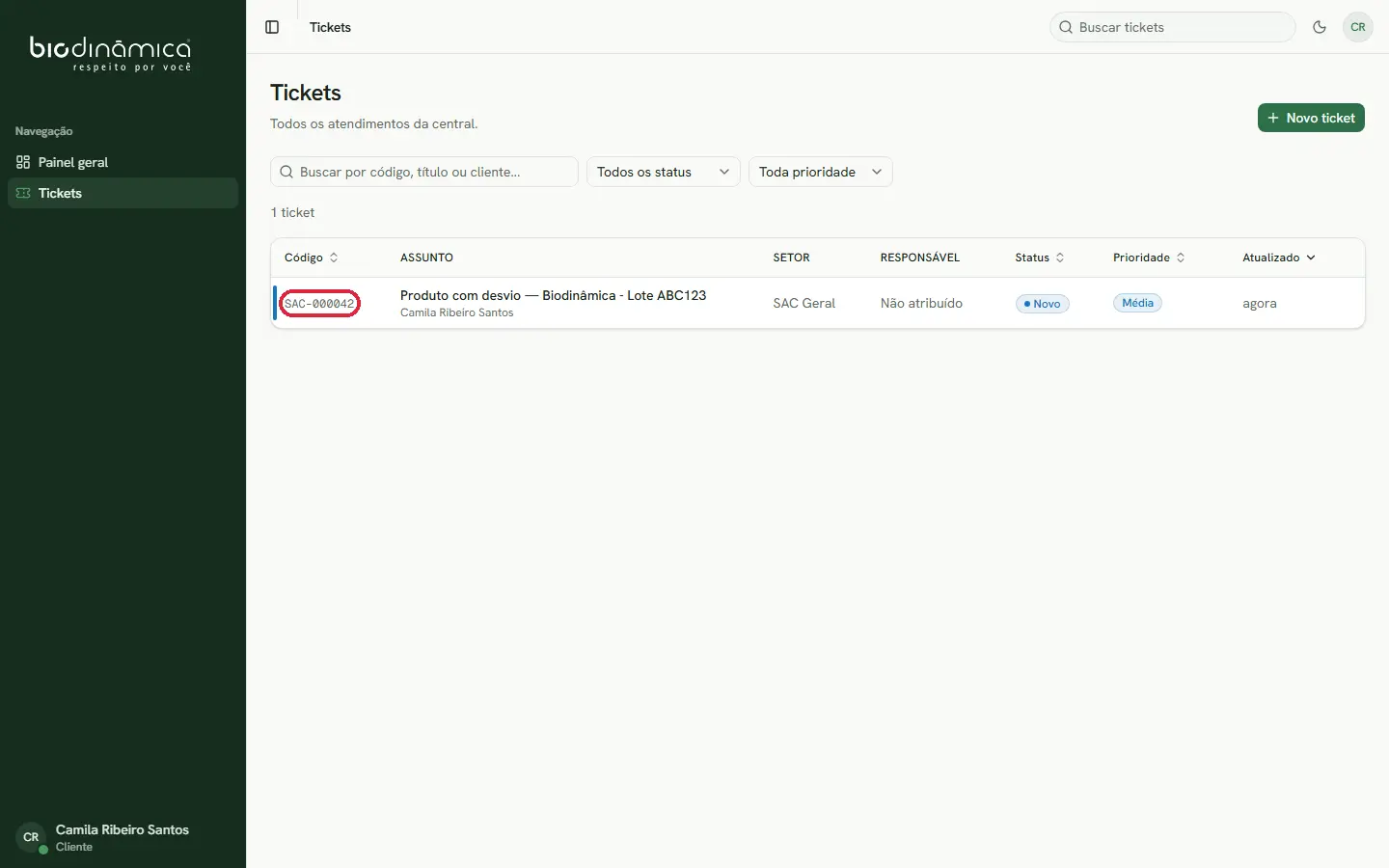 Painel de tickets da Central de Atendimento, versão Biodinâmica